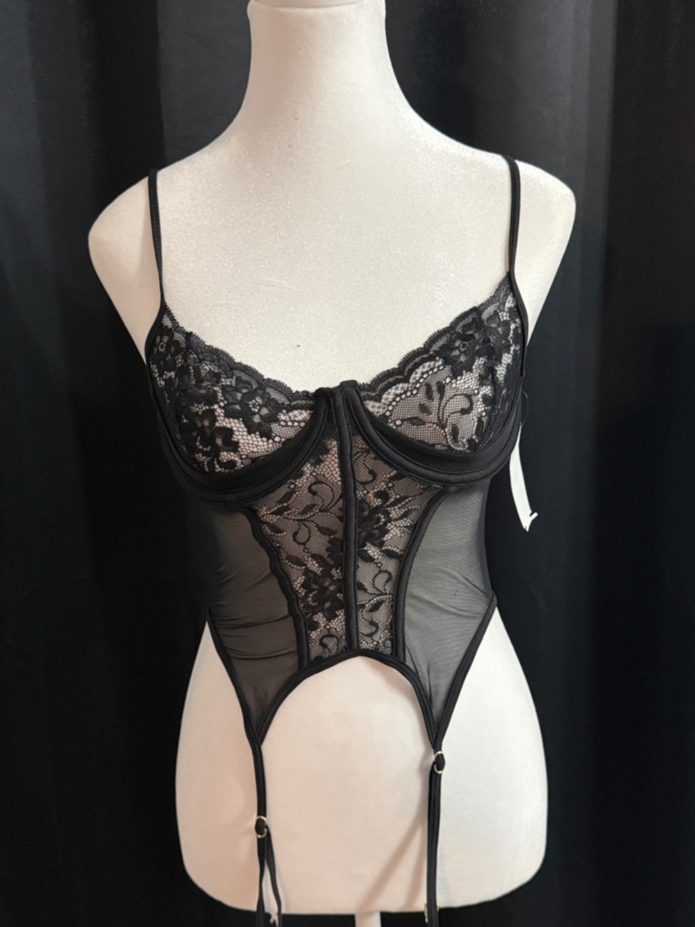 NWT Mapale Sheer Black Lace Underwire Corset with Garter Straps